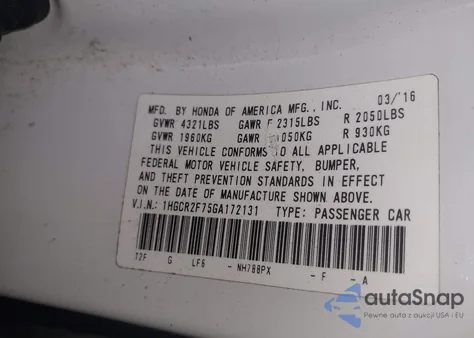 2016 Honda Accord Ex z USA, uszkodzony, nr VIN 1HGCR2F75GA172131
